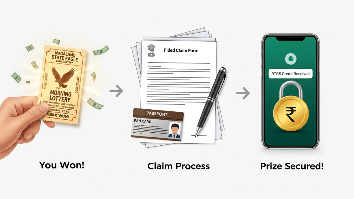 Illustrated guide showing the steps to claim Nagaland State Lottery prize money: from holding a winning ticket, to filling documents, to receiving secure payment.