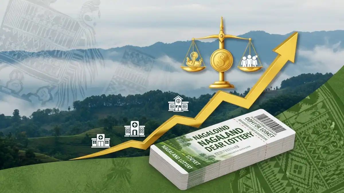 A symbolic image showing the history of Nagaland State Lottery, linking lottery tickets to the development of healthcare, education, and infrastructure in the state.