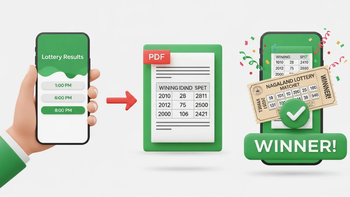 Step-by-step visual guide on how to check Nagaland State Lottery results online, showing a mobile phone accessing result PDFs and matching a winning ticket number.