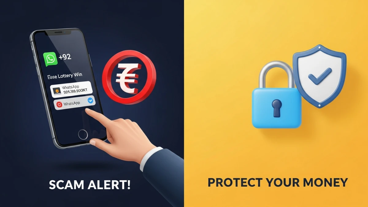 Warning image about lottery scams in India, showing a fake WhatsApp message and a red stop sign, next to symbols of security and protection.