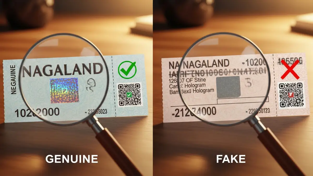 Side-by-side comparison of a genuine and a fake lottery ticket, highlighting security features like holograms, print quality, and QR codes to help buyers identify counterfeits.