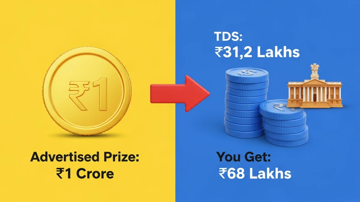 Visual comparison showing a ₹1 Crore lottery prize reduced to approximately ₹68 Lakhs after a 31.2% TDS deduction under Indian income tax laws.