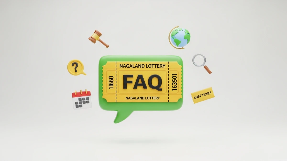 An infographic for Nagaland State Lottery FAQs, answering common questions on legality, online purchase, lost tickets, claim validity, and interstate play.