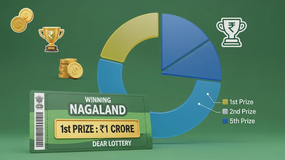 Infographic breaking down the Nagaland State Lottery prize structure, showing the ₹1 Crore jackpot and the distribution of smaller prizes from 2nd to 5th rank.