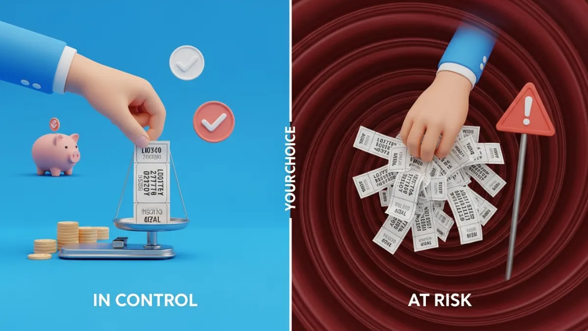 A symbolic split image contrasting controlled lottery play (one ticket, savings) with addictive behavior (a pile of tickets, a warning spiral) for responsible gaming.